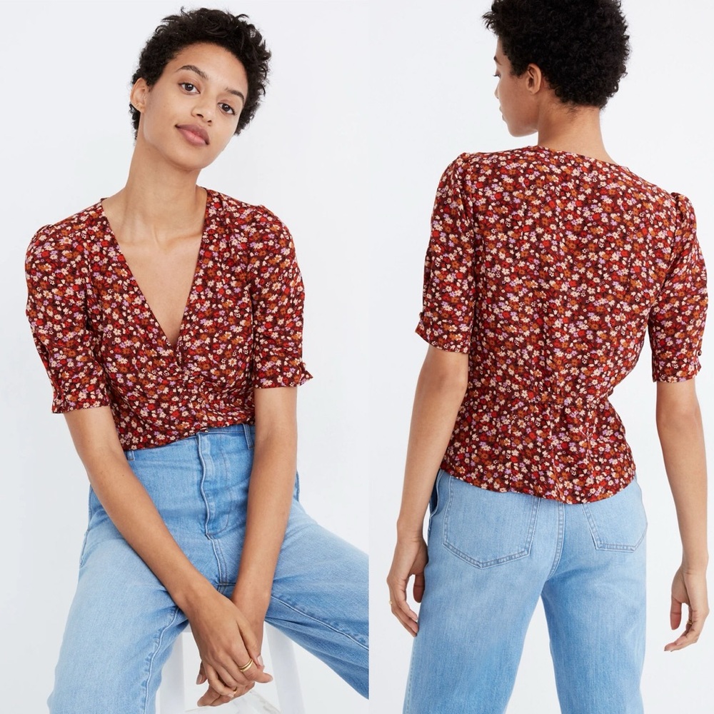 MADEWELL Silk Button-Sleeve‎ Top in Spring Prairie Sz 0